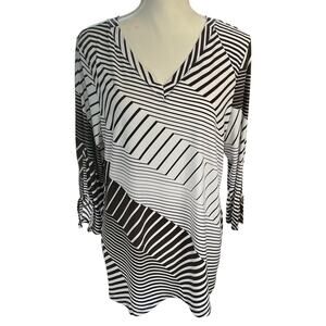 Chico's Geo Striped Top Women Size 2 Large Brown White 3/4 Sleeve V Neck Tunic